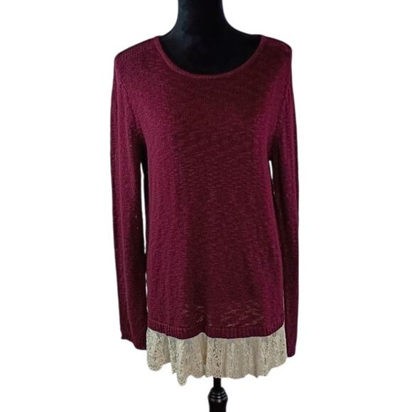 NEW DIRECTIONS Women's Tunic Sweater Large Maroon Acrylic Winter Ruffled Lace - Picture 2 of 5